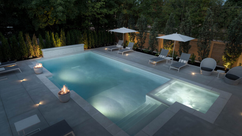 A Pool Framed with Multiple Concrete Fire Pits